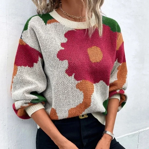 Cozy Floral Print Oversized Sweater Top - Picture 2 of 5